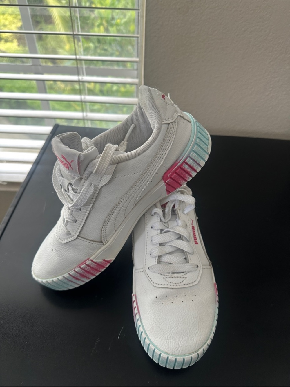 Puma Kids White Sneakers with Pink & Teal Sole Accents